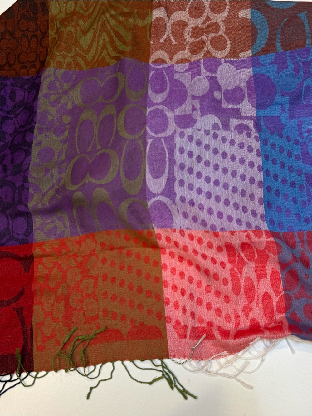 Storia Multicolor Patchwork Fringe Scarf in Purple, Red, Blue & Green
